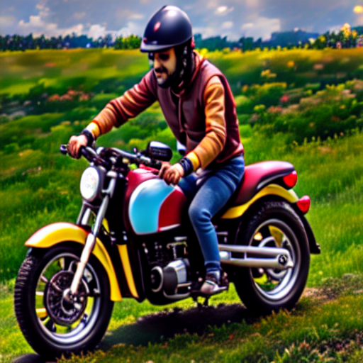 059_yellow and red motorcycle with a man riding on it next to grass.png